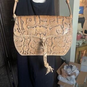 Tan Snake-Print Leather Shoulder Bag - Unbranded